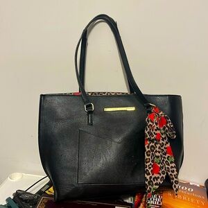 Betsey Johnson Black tote with leopard print and scarf